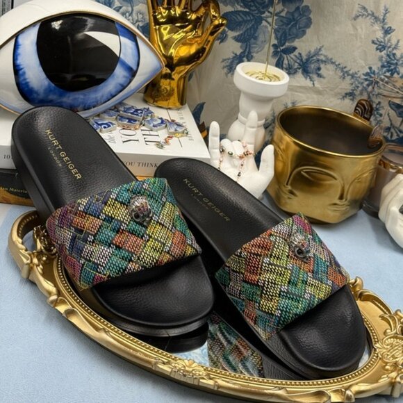 🆕 KURT GEIGER LONDON 🧿 NWOB Meena Eagle Slide, Black Rainbow Weave, Sz 40 US 9 - Picture 3 of 14